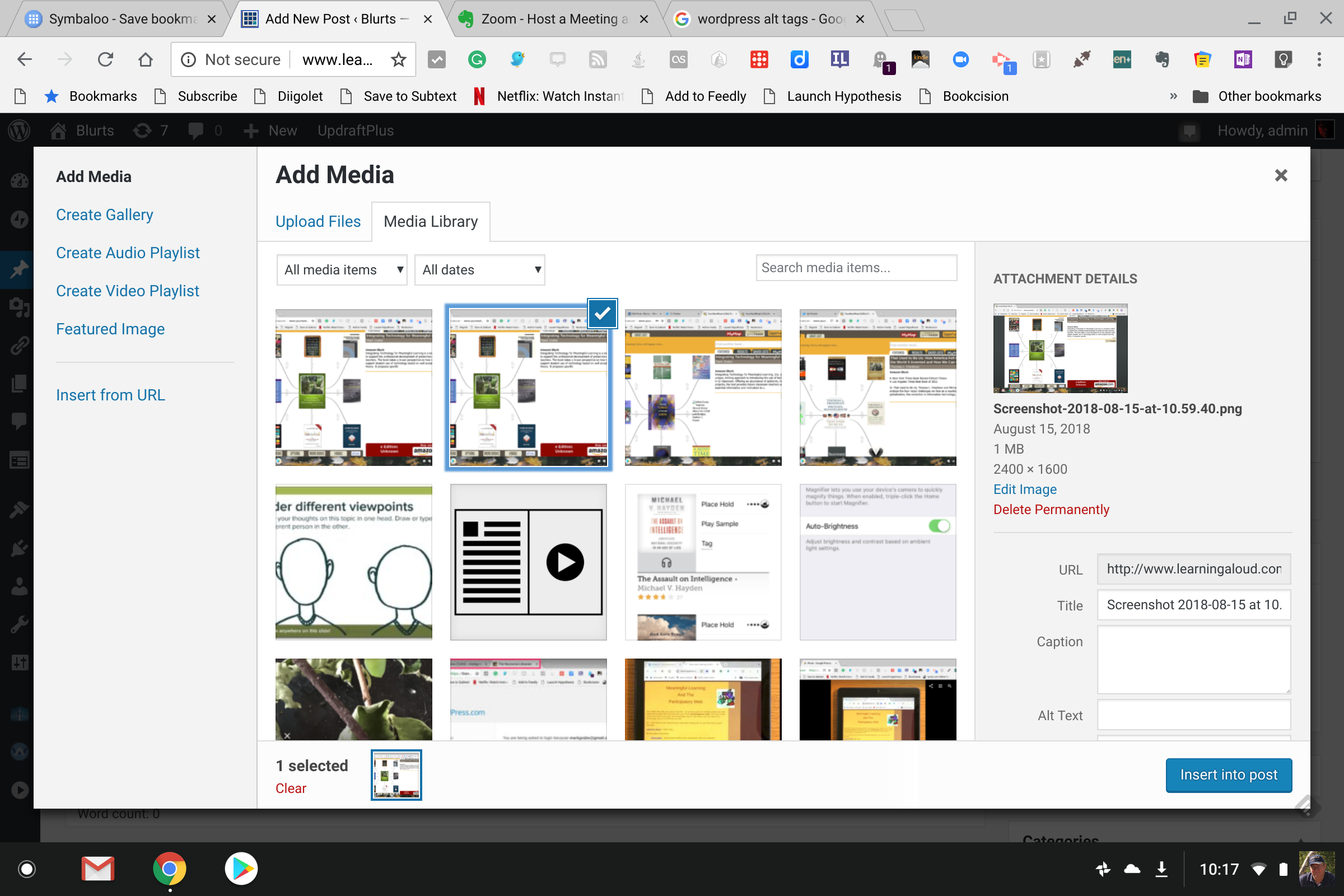This is a sample view of the WordPress tool for adding media showing where the alt text input can be added.